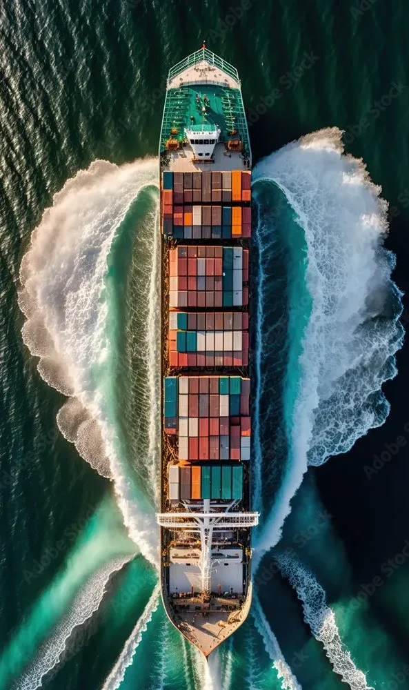 Aerial top view of cargo maritime ship with contrail in the ocean ship carrying container and running for export, art illustration Stock Illustration _ Adobe Stock_5_11zon